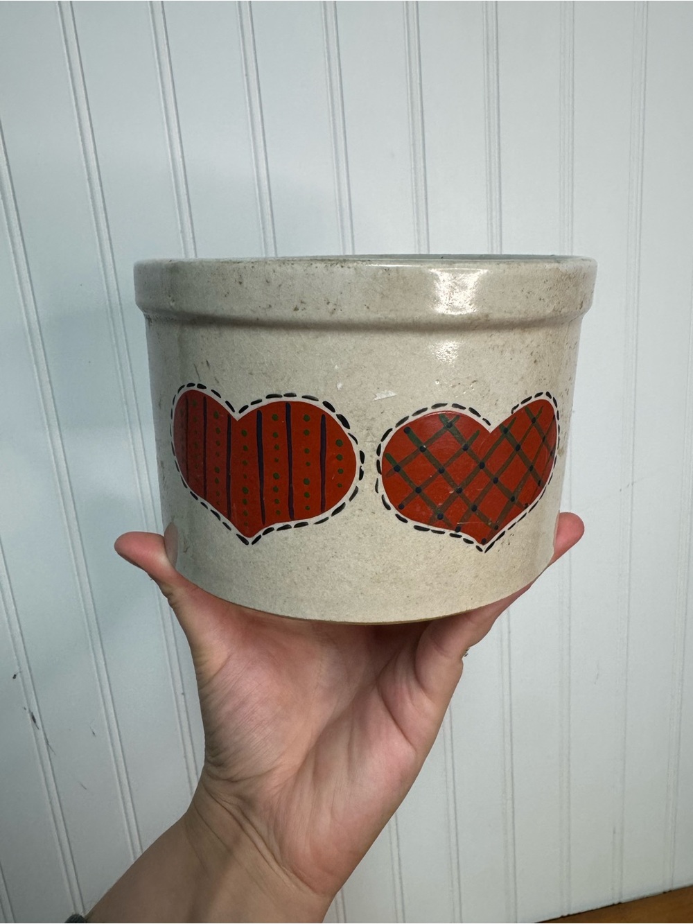 Hand-Painted Heart Ceramic Roseville Crock in Cream and Red- Decorative Home Art